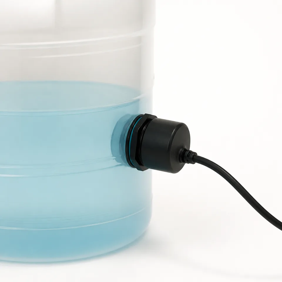 Ilustración de un sensor capacitivo adherido al exterior de un depósito traslúcido con agua